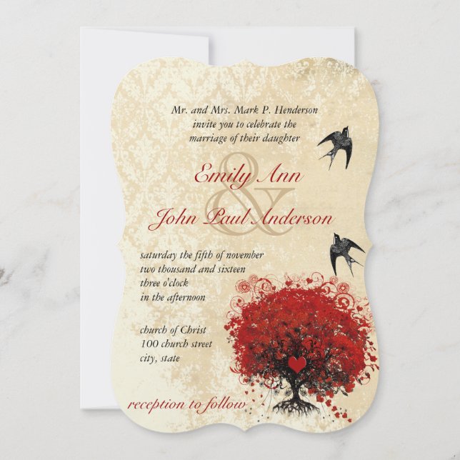 Heart Leaf Red Tree Vintage Birds Wedding Invites (Back)