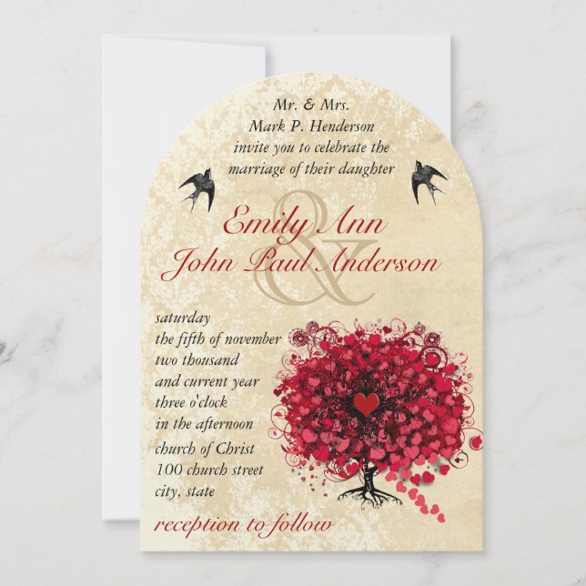 Heart Leaf Red Tree Vintage Birds Wedding Invites (Front)