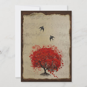 Heart Leaf Red Tree Vintage Birds Wedding Invites