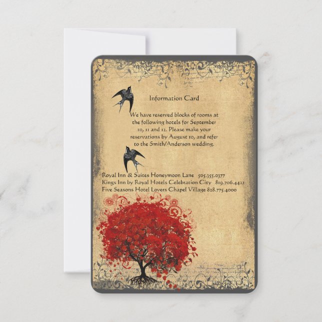 Heart Leaf Red Tree Vintage Birds Wedding RSVP (Front)