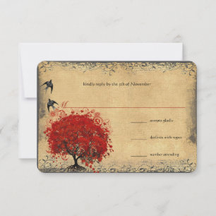 Heart Leaf Red Tree Vintage Birds Wedding RSVP Card