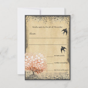 Heart Leaf Tree Light Coral Birds Wedding RSVP Card