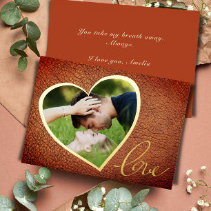 Heart Leather Print Love Valentine`s Day Photo Foil Holiday Card