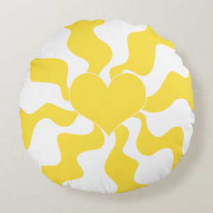 Heart - Lemon Yellow and White Round Cushion