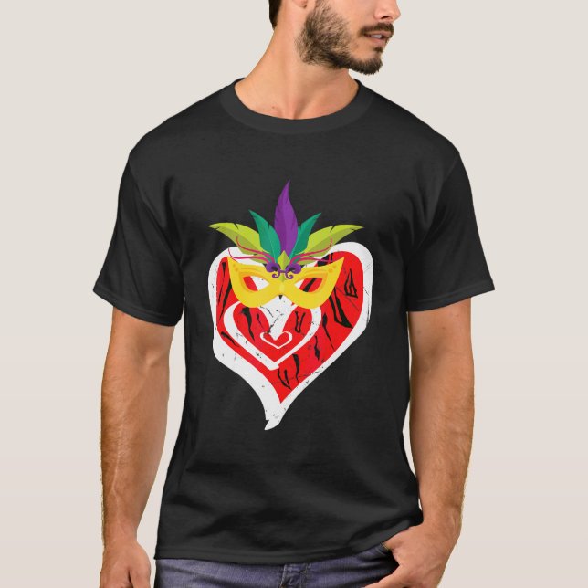 Heart Leopard Happy Mardi Gras Funny Carnival Mask T-Shirt (Front)
