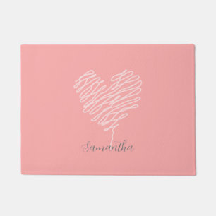 Heart Line Art Modern Minimalist Pink Doormat