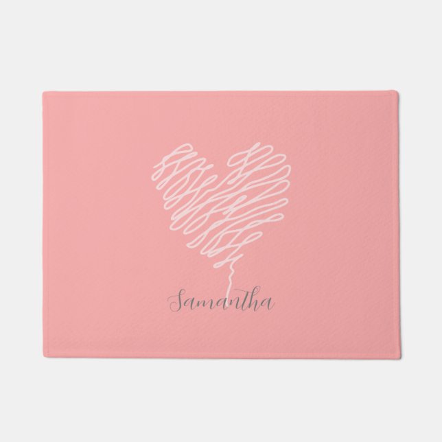 Heart Line Art Modern Minimalist Pink Doormat (Front)