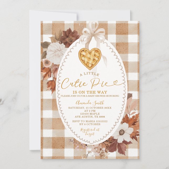 Heart Little Cutie Pie Brown Gingham Baby Shower Invitation (Front)