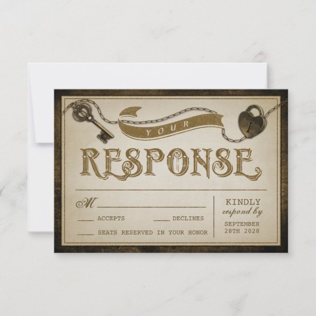 Heart Lock and Skeleton Key Wedding RSVP Cards (Front)