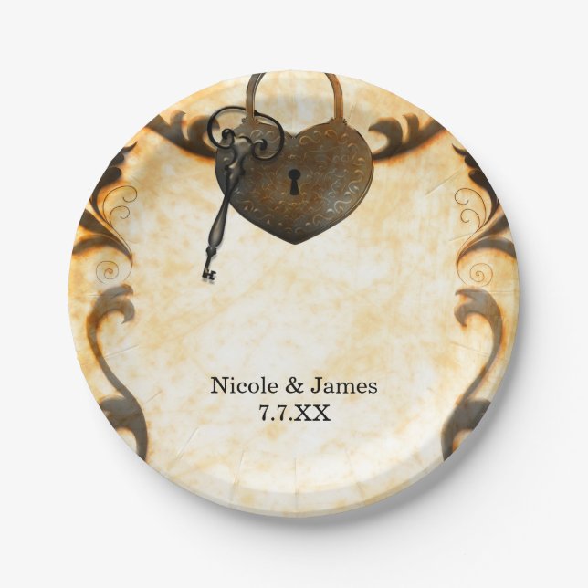 Heart Lock & Key Vintage Antique Wedding Plates (Front)