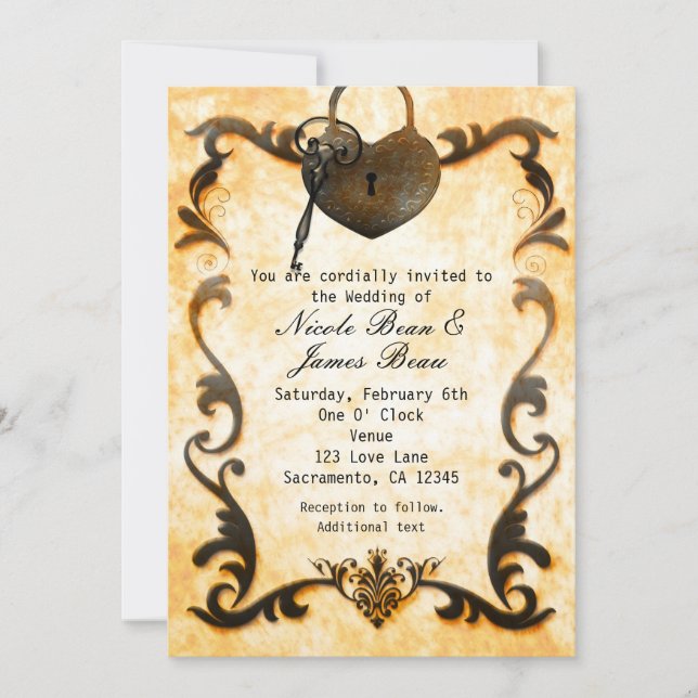 Heart Lock & Key Vintage Rustic Wedding Invitation (Front)