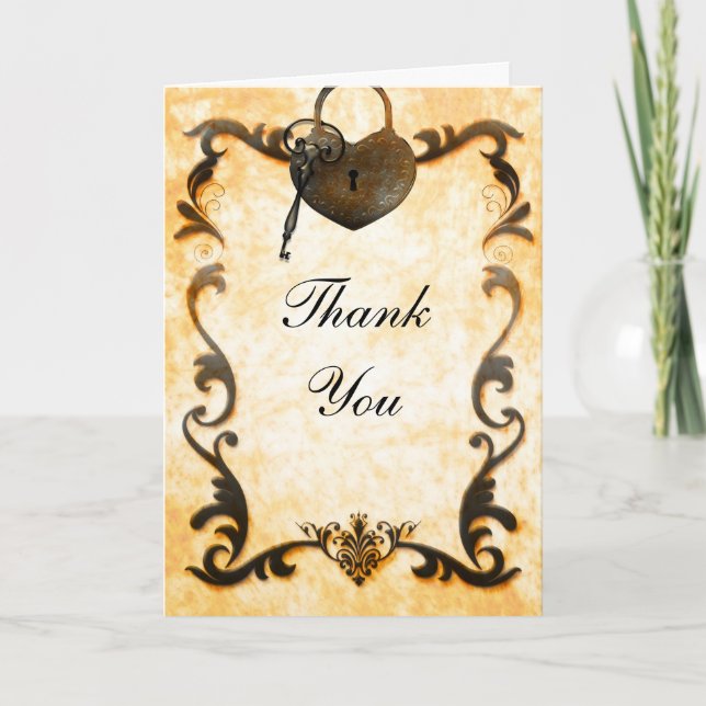 Heart Lock & Key Vintage Thank You Fold Card (Front)