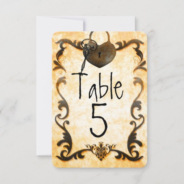 Heart Lock & Key Vintage Wedding Table Number Card (Front)