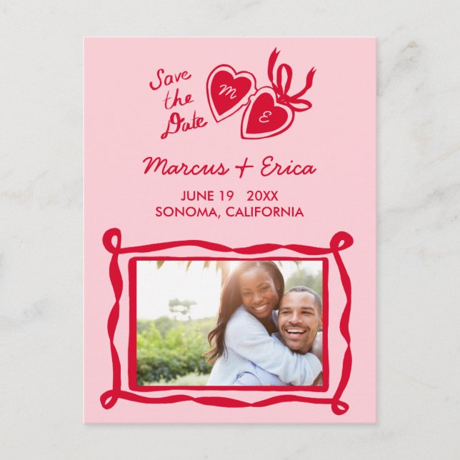 Heart Locket Custom Photo Initials Save the Date  Postcard (Front)