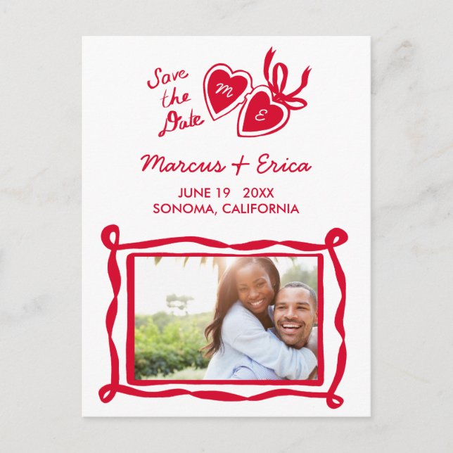 Heart Locket Custom Photo Initials Save the Date  Postcard (Front)