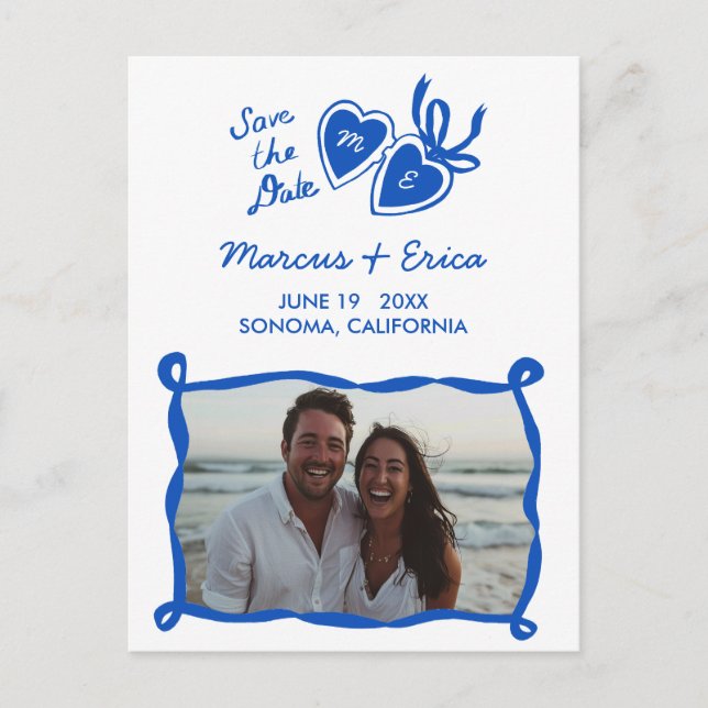 Heart Locket Custom Photo Initials Save the Date  Postcard (Front)