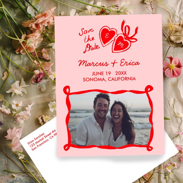 Heart Locket Custom Photo Initials Save the Date  Postcard (Heart Locket Custom Photo Initials Save the Date Postcard
Red Pink)