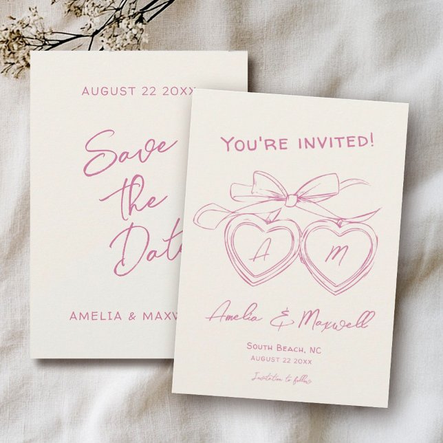 Heart Locket Cute Modern Monogram Pink Bow Wedding Save The Date (Creator Uploaded)