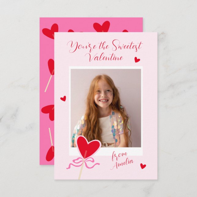 Heart Lollipop Photo Bow Sweetest Valentine Love Card (Front/Back)