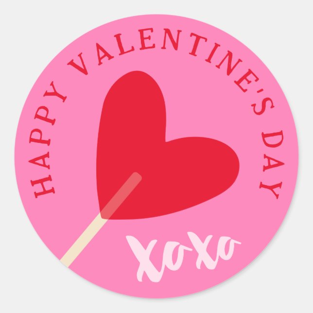 Heart Lollipop XOXO Love Valentine's Day Pink Red Classic Round Sticker (Front)