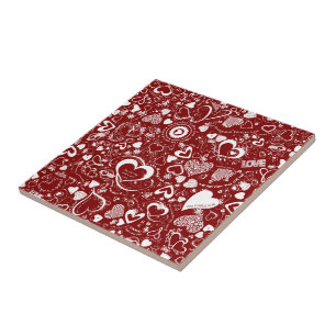 Heart Love Doodle Red Ceramic Tile