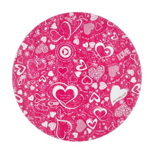 Heart Love Doodles Pink-White-Round Cutting Board (Front)
