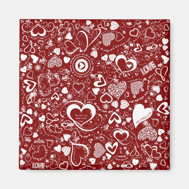 Heart Love Doodles Red-White-Square Magnet (Front)
