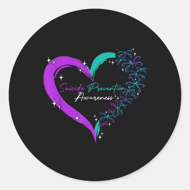 Heart Love Dragonfly Suicide Prevention Awareness  Classic Round Sticker (Front)