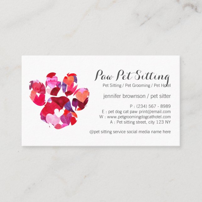Heart Love Pet Sitter Grooming Paw Business Card (Front)