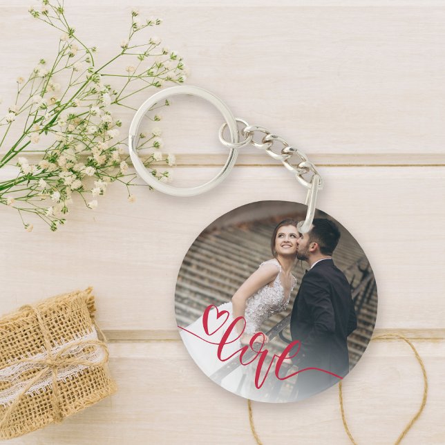 Heart Love Photo Key Ring (Celebrate your love with this cute keychain featuring a photo and hand lettered love.)