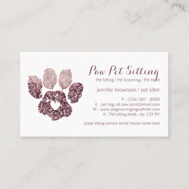 Heart Love Quartz Pet Sitter Grooming Paw Business Card (Front)