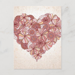 Heart made of hand drawn flowers postcard