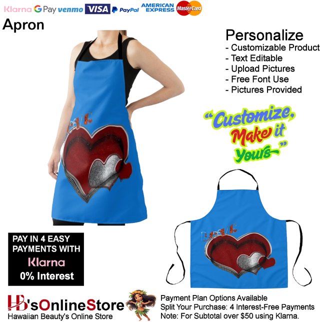 Heart Magic Blue Large Apron (Love Heart Blue kitchen Cooking Mess Free Large Apron.)