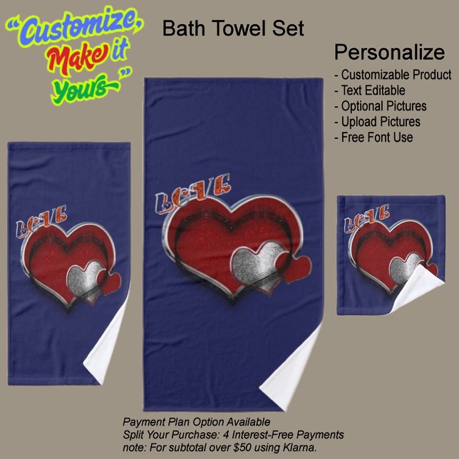 Heart Magic Navy Blue Bathroom Towel Set  (Heart Magic Bathroom Towel Set Featuring a Navy Blue Background.)