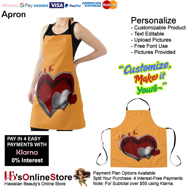 Heart Magic Orange Large Apron (Love Heart Orange Kitchen Cooking Mess Free Large Apron.)