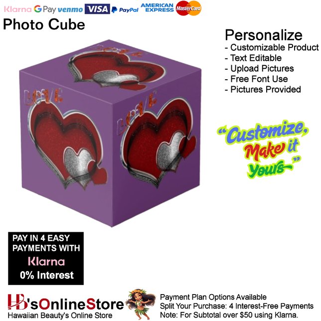 Heart Magic Purple Photo Cube  (Love Heart Red Silver with Purple Background Cube.)