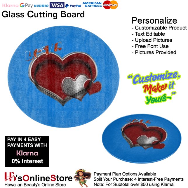 Heart Magic Round Blue Glass Cutting Board 30.4 cm (Love Heart Blue Cooking Kitchen Glass Cutting Board.)