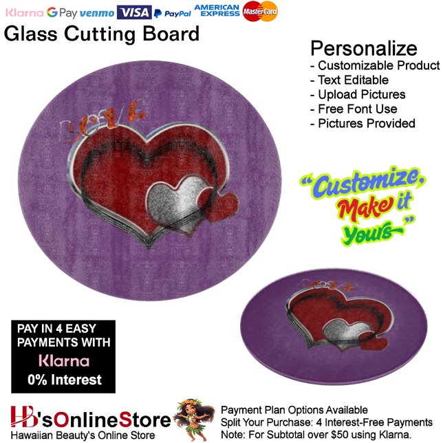 Heart Magic Round Purple Glass Cutting Board 30.4  (Love Heart Purple Cooking Kitchen Glass Cutting Board.)