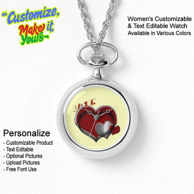 Heart Magic Silver Necklace Watch Yellow Face (Women's Heart Magic Silver Necklace Watch Featuring a Yellow Face.)