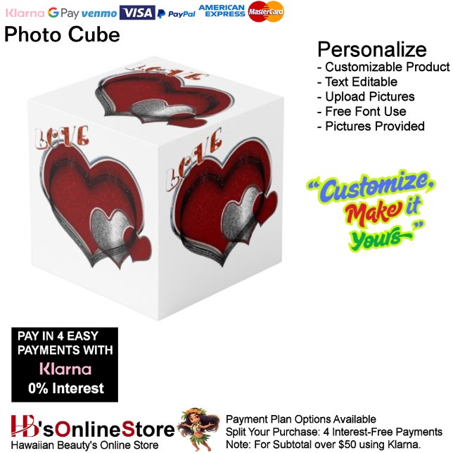Heart Magic White Photo Cube  (Love Heart Red Silver with White Background Cube.)