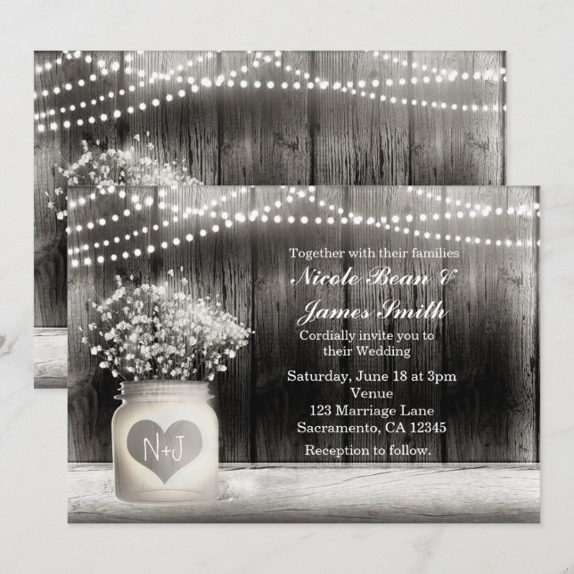 Heart Mason Jar & Baby's Breath Rustic Invitations (Front/Back)