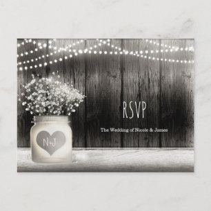 Heart Mason Jar & Babys Breath Rustic Wedding RSVP Invitation Postcard