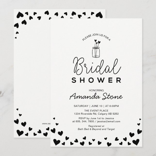 Heart & Mason Jar Chic Black Bridal Shower Invitation (Front/Back)