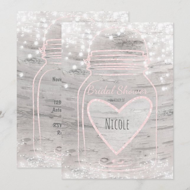 Heart Mason Jar & Lights Birch Bridal Shower Invitation (Front/Back)