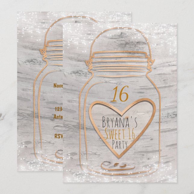 Heart Mason Jar & Lights Birch Sweet 16 Invitation (Front/Back)