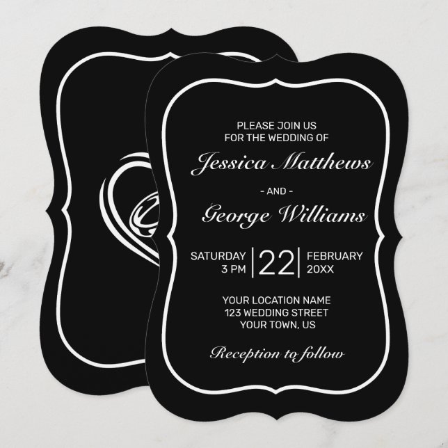 Heart Modern Minimalist Black Wedding Invitation (Front/Back)