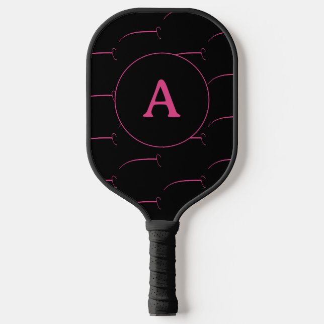 Heart Monogram Black Hot Pink Pickleball Paddle (Front)