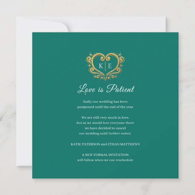 Heart monogram cancelled wedding love patient gree announcement (Front)