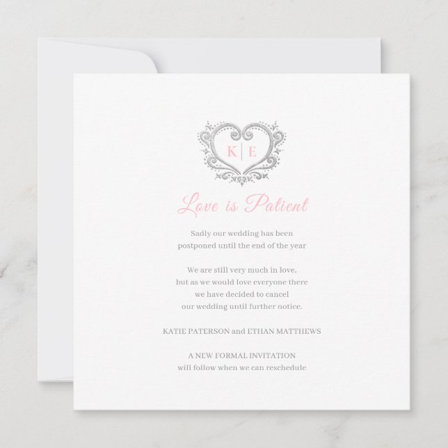 Heart monogram cancelled wedding love patient pink announcement (Front)