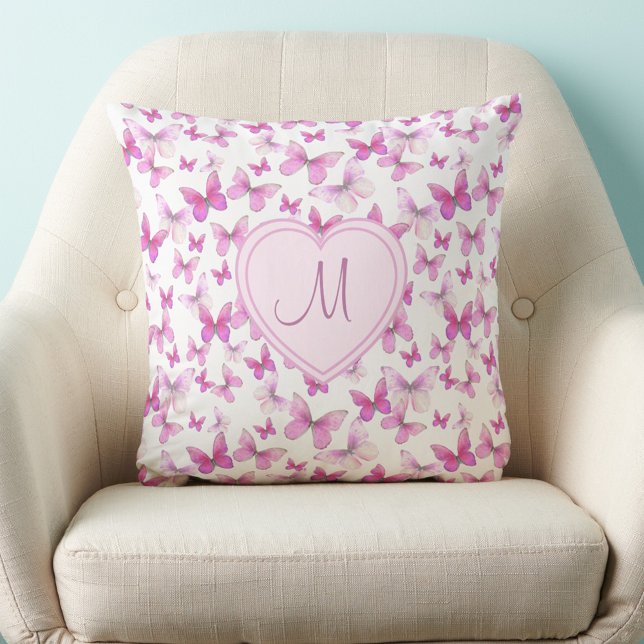 Heart Monogram Cute Pink Butterfly Cushion (Creator Uploaded)